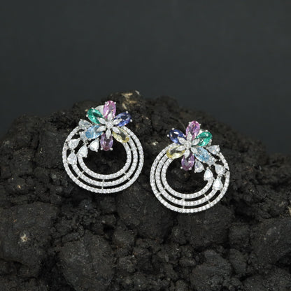 Concentric Exclusive Rhodium Stud with Floral Cluster and Triple Circular Rings