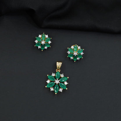 Floral bloom pendant set with marquise petal detailing and matching stud earrings