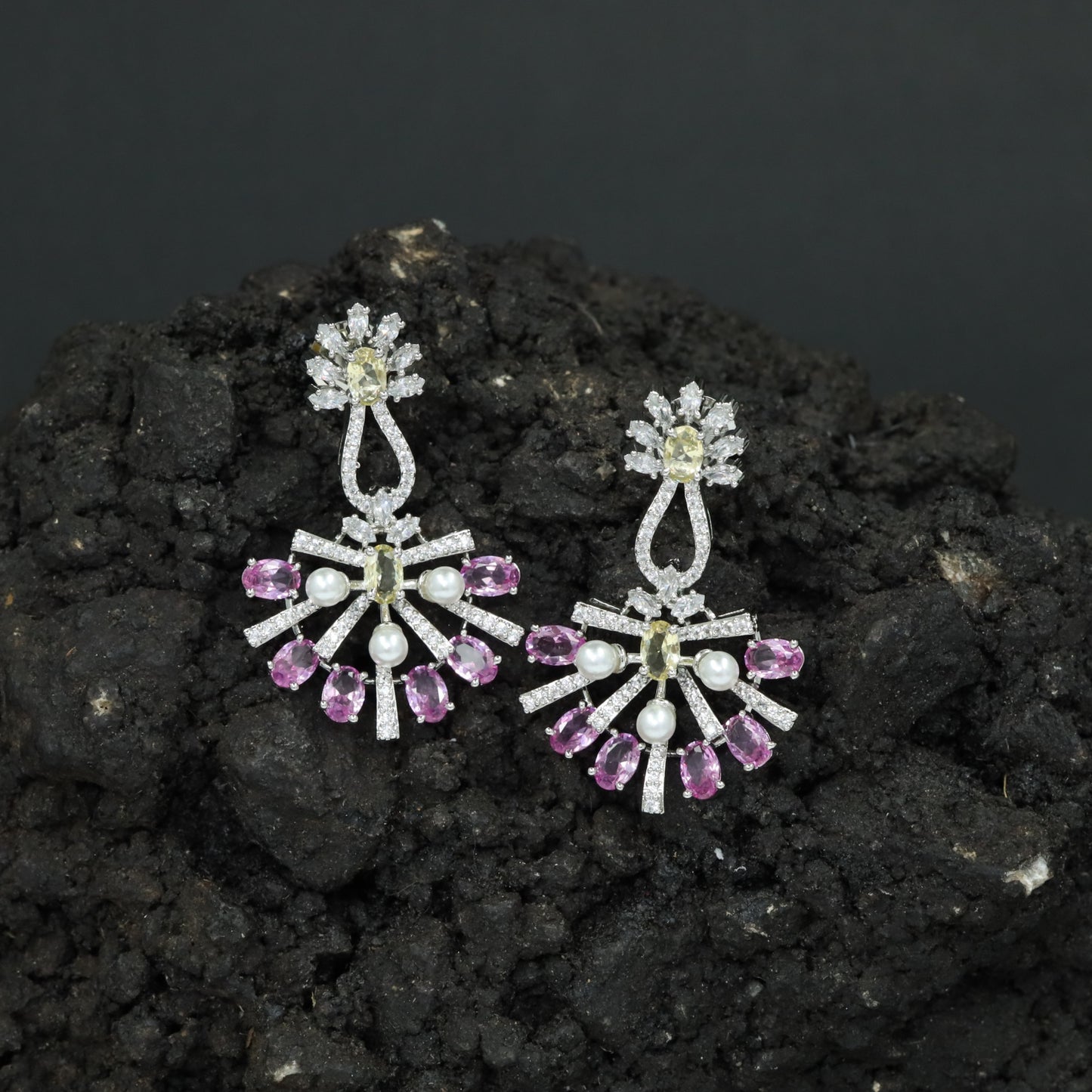 Sunray Pattern Hanging Earrings with Pearl Accent Design