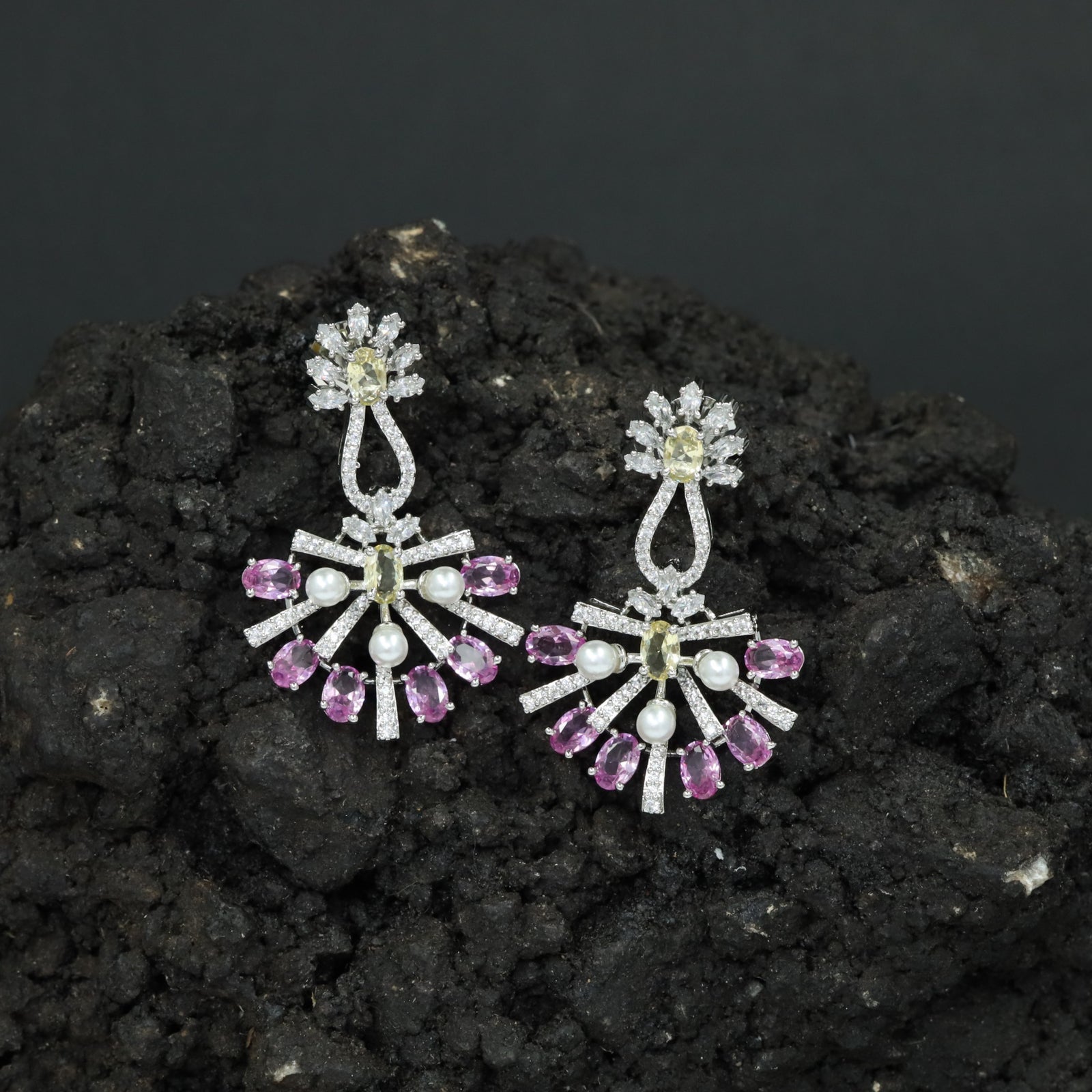 Sunray Pattern Hanging Earrings with Pearl Accent Design