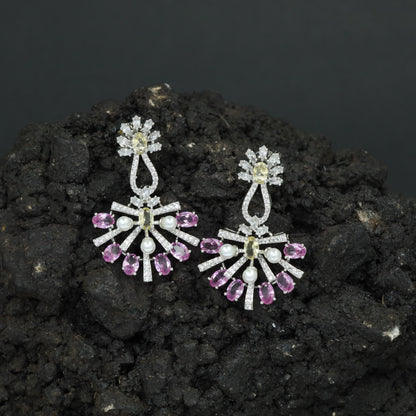 Sunray Pattern Hanging Earrings with Pearl Accent Design