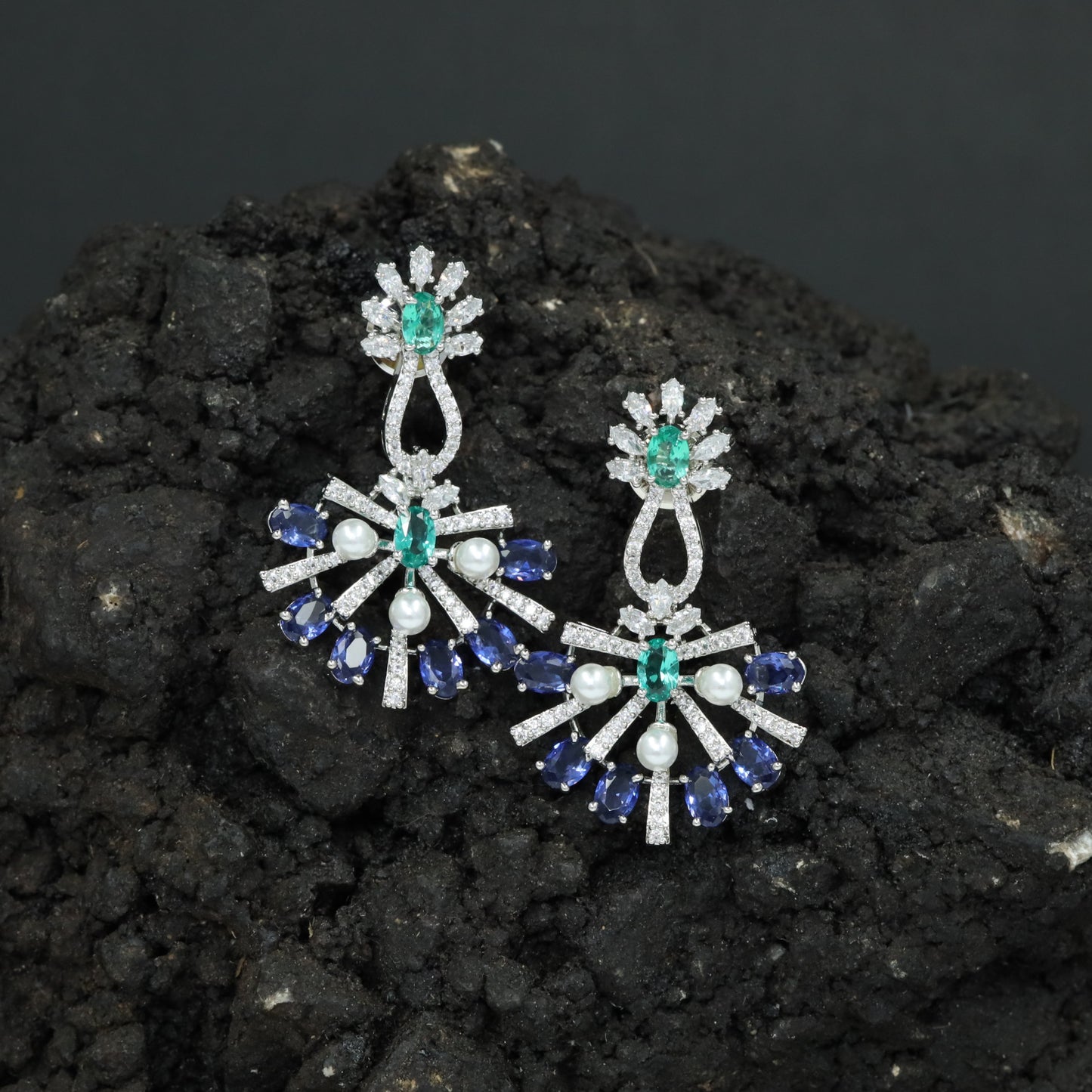 Sunray Pattern Hanging Earrings with Pearl Accent Design