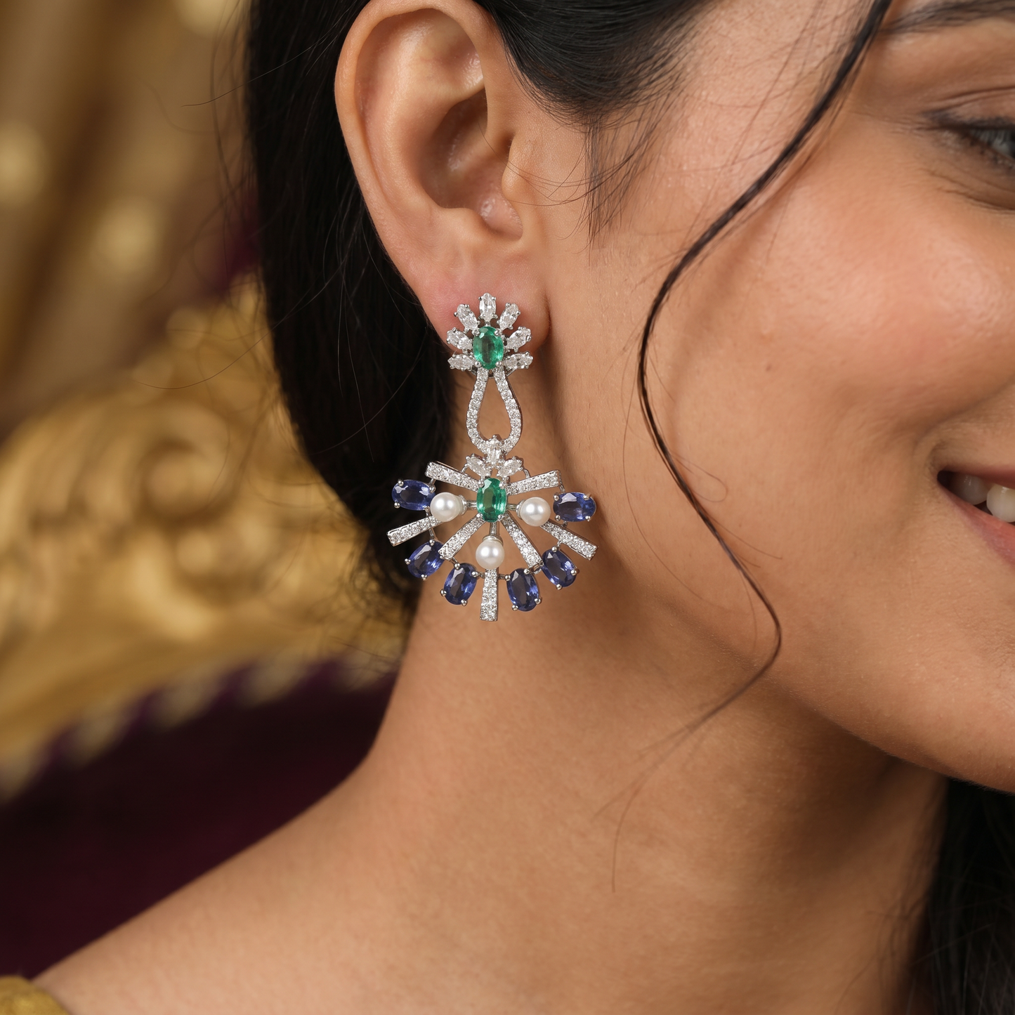 Sunray Pattern Hanging Earrings with Pearl Accent Design