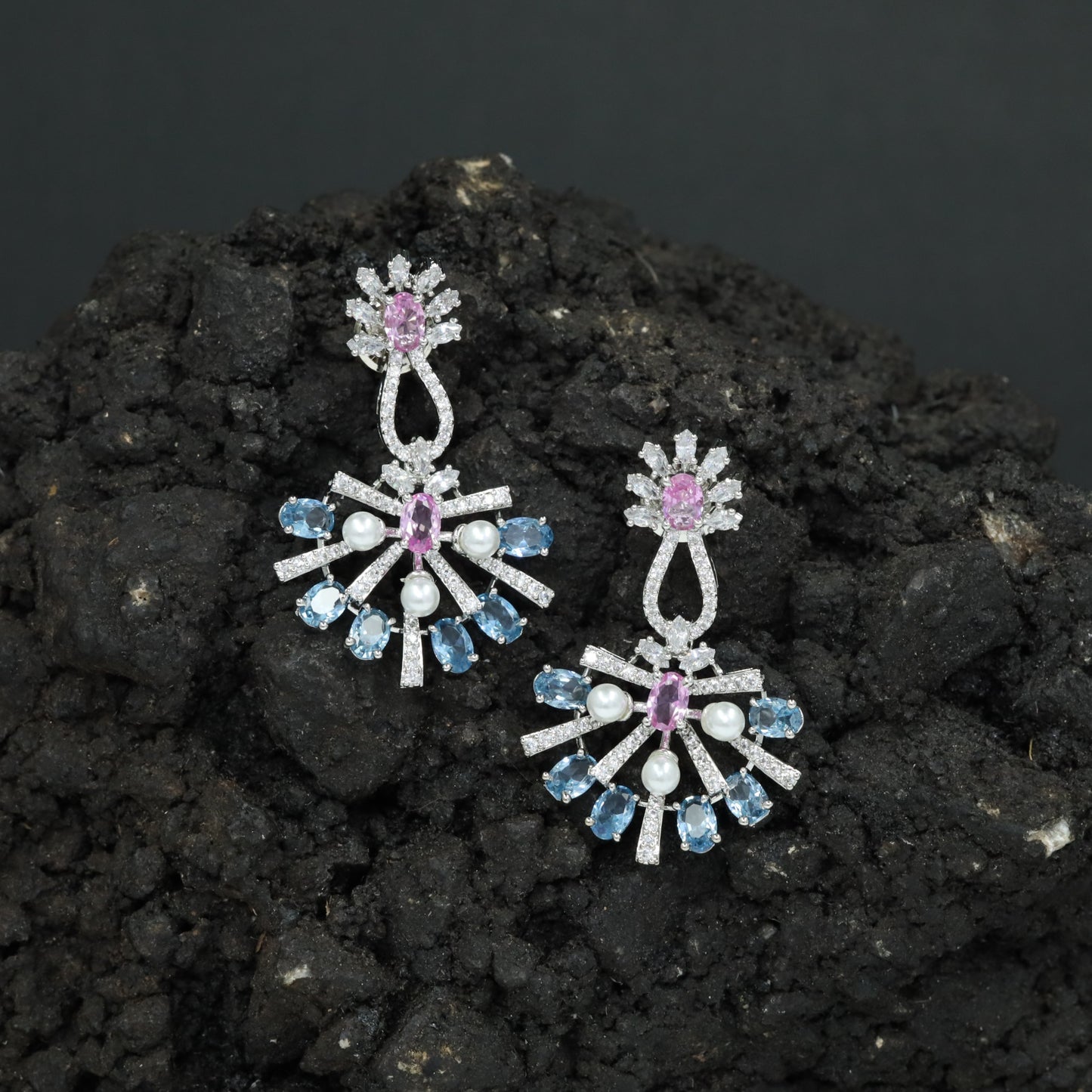 Sunray Pattern Hanging Earrings with Pearl Accent Design