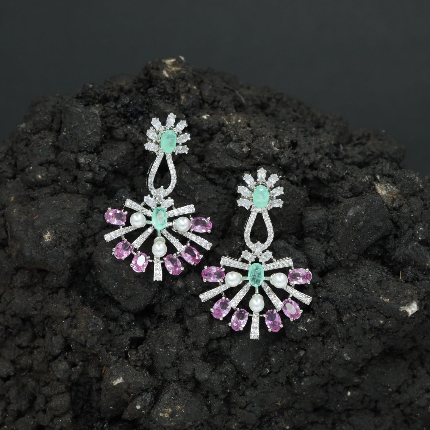 Sunray Pattern Hanging Earrings with Pearl Accent Design