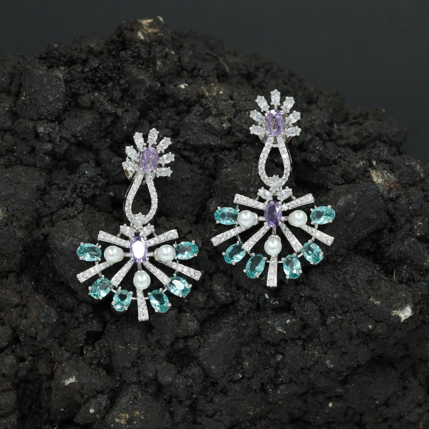 Sunray Pattern Hanging Earrings with Pearl Accent Design