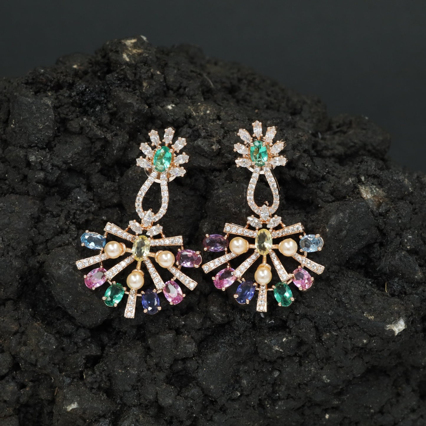 Sunray Pattern Hanging Earrings with Pearl Accent Design