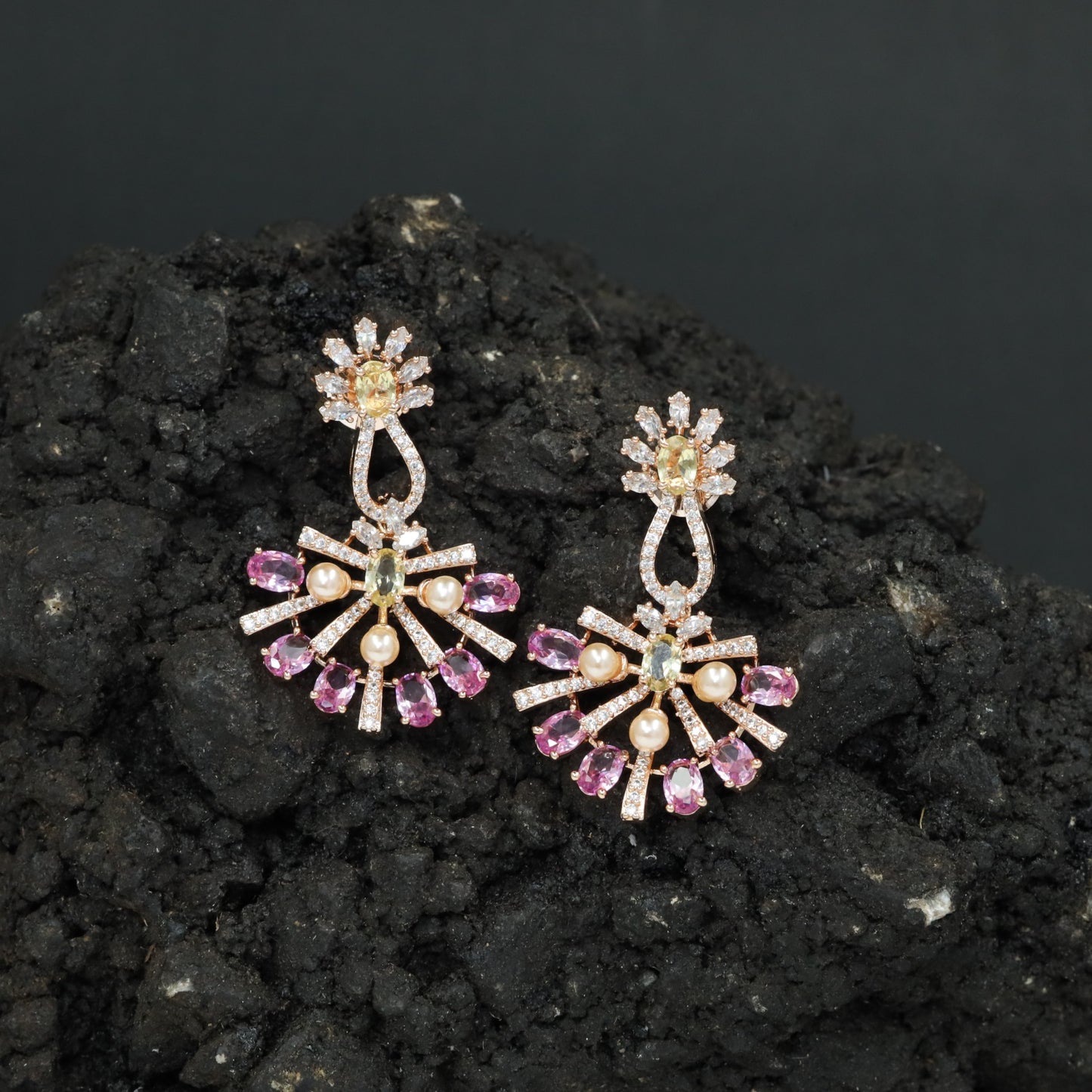 Sunray Pattern Hanging Earrings with Pearl Accent Design