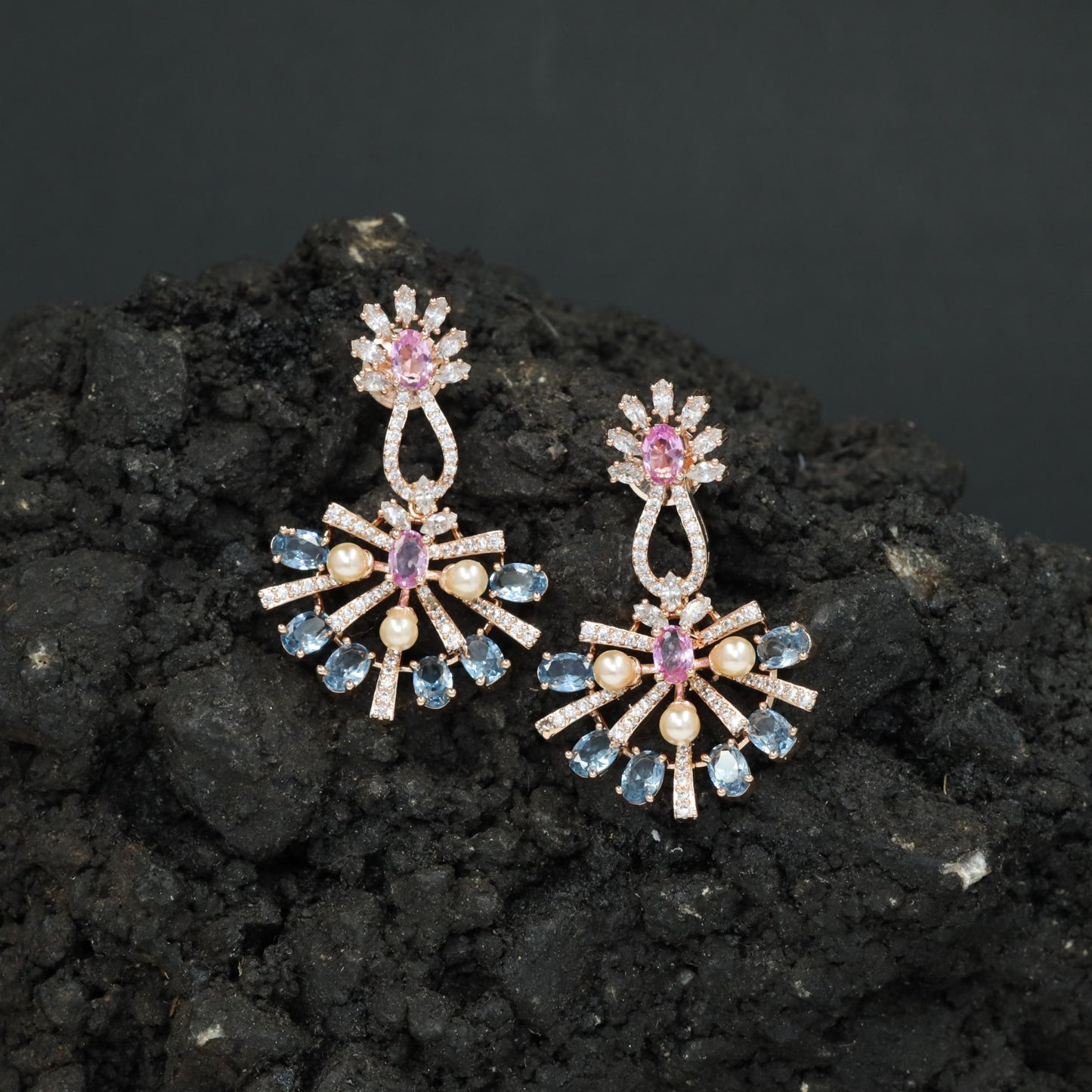 Sunray Pattern Hanging Earrings with Pearl Accent Design
