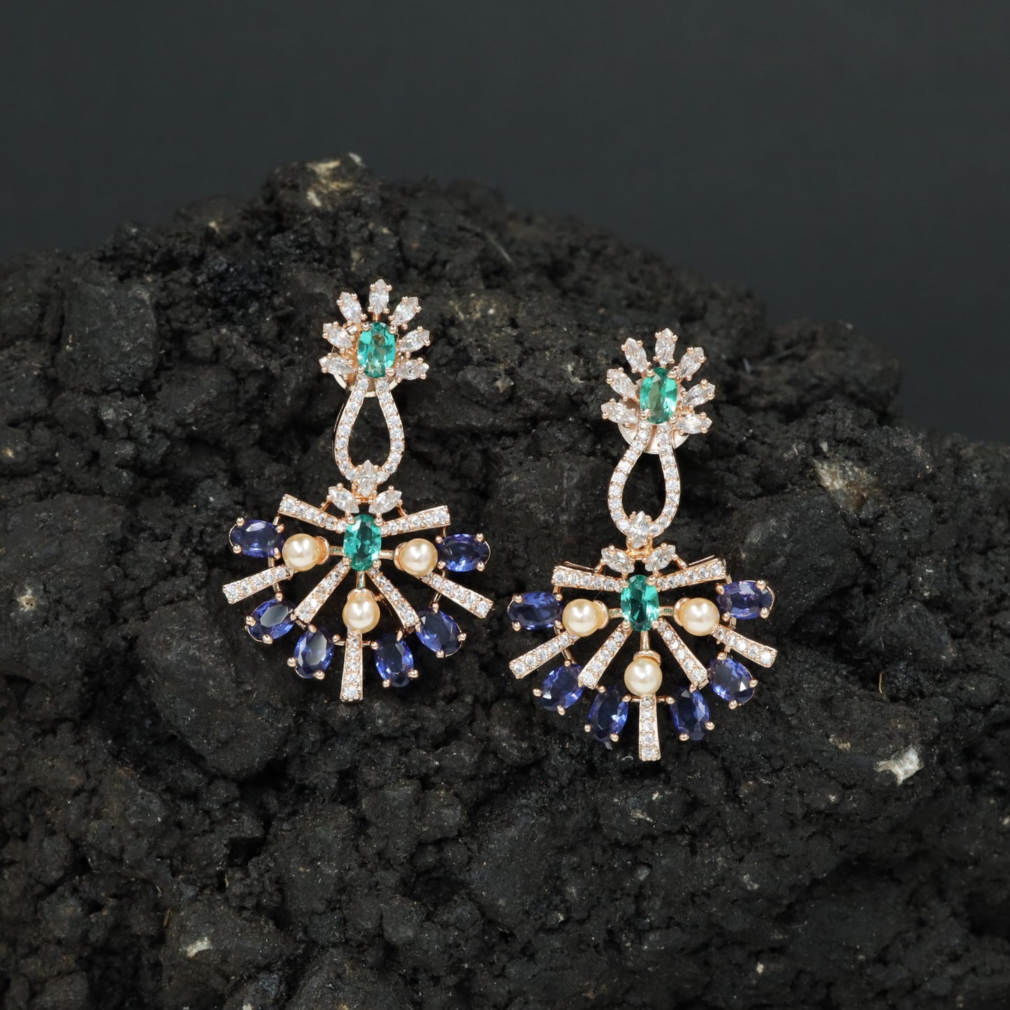Sunray Pattern Hanging Earrings with Pearl Accent Design