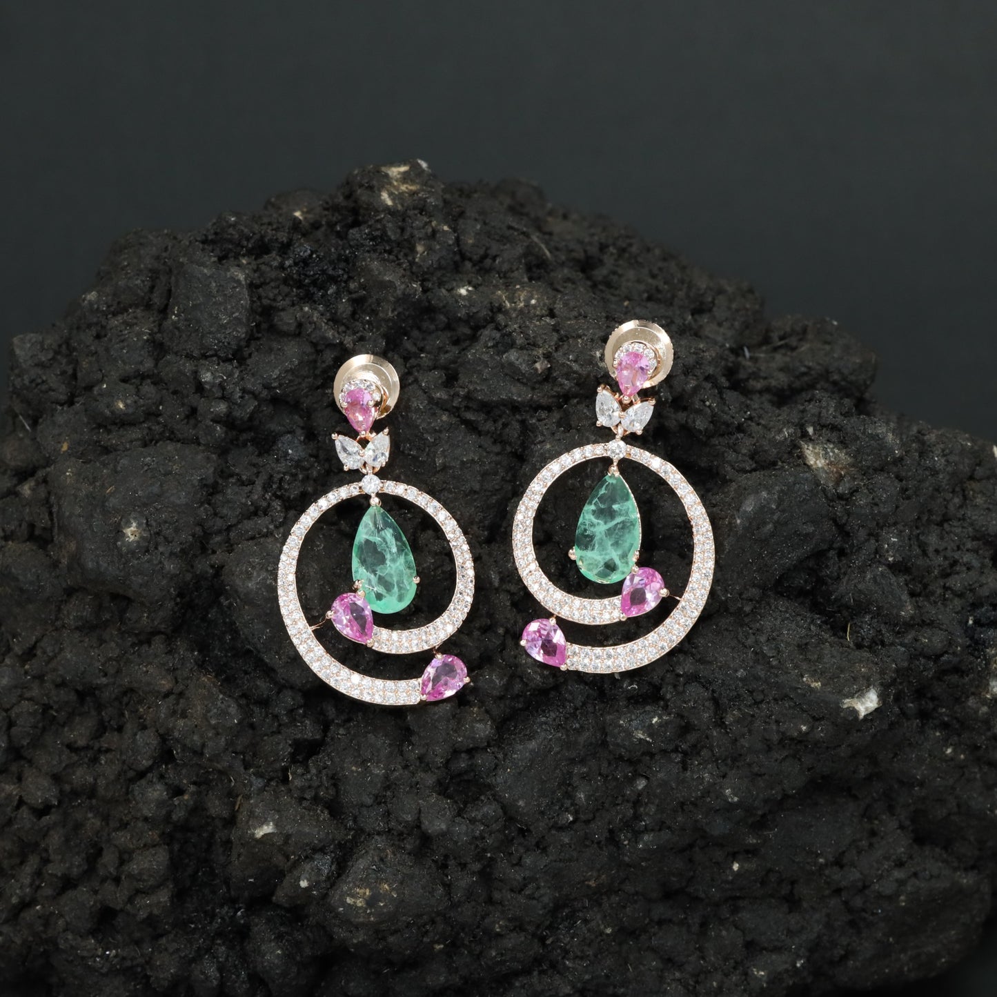 Circular Swirl Rose Gold Hanging Earrings with Open Frame Styling