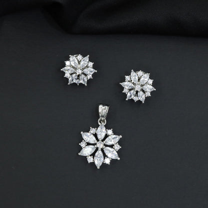 Floral bloom pendant set with marquise petal detailing and matching stud earrings