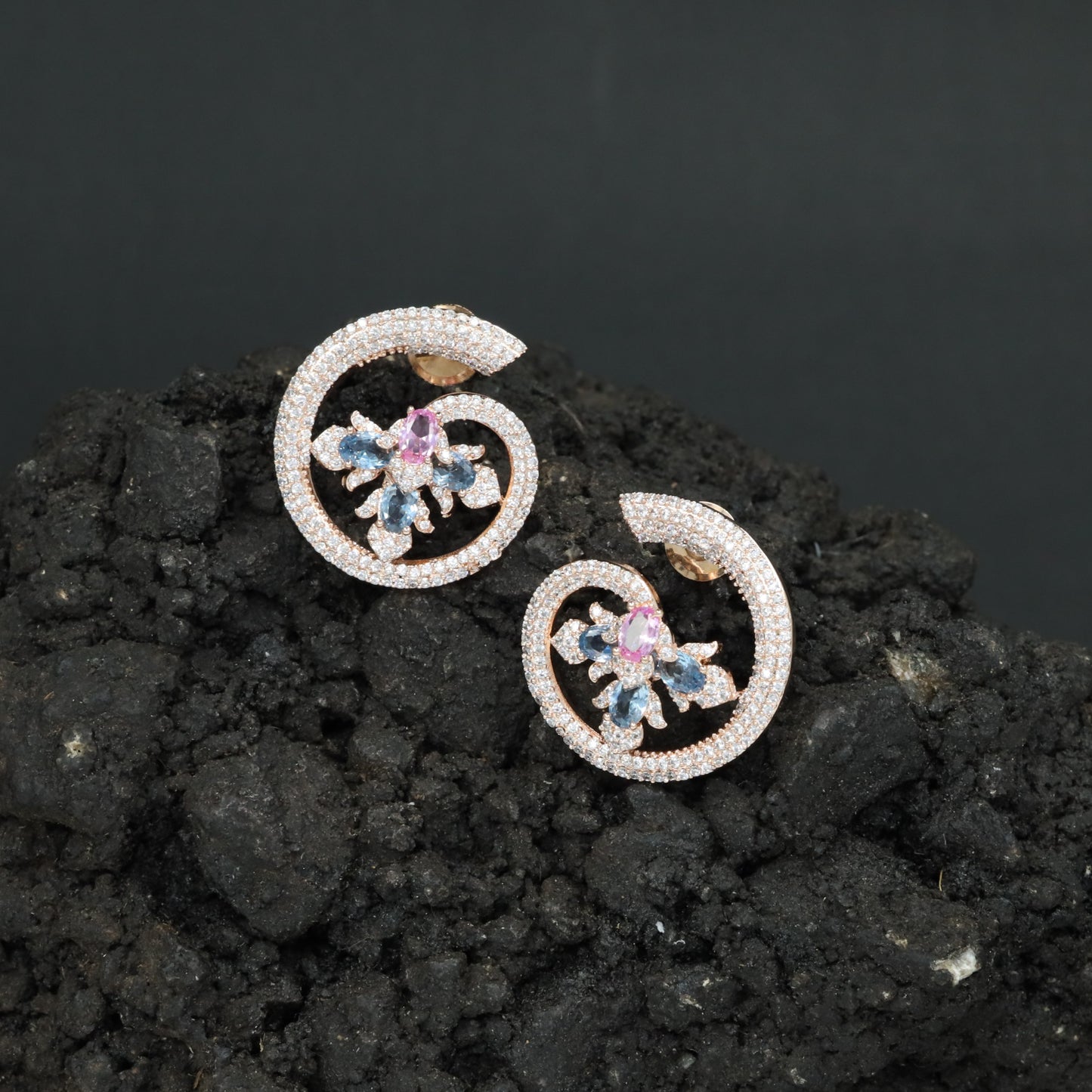 Floral Spiral Rose Gold Stud Earrings with Open Circle Design