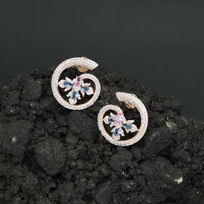 Floral Spiral Rose Gold Stud Earrings with Open Circle Design