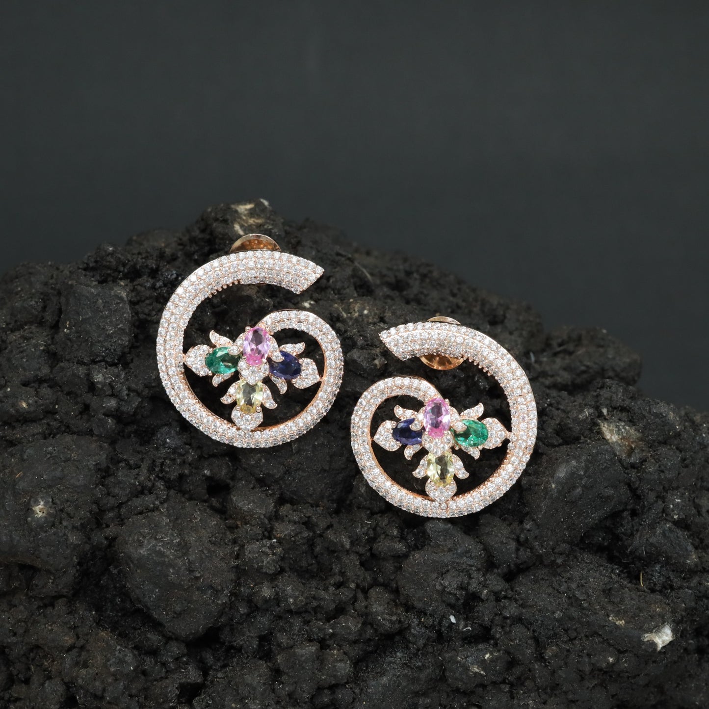 Floral Spiral Rose Gold Stud Earrings with Open Circle Design