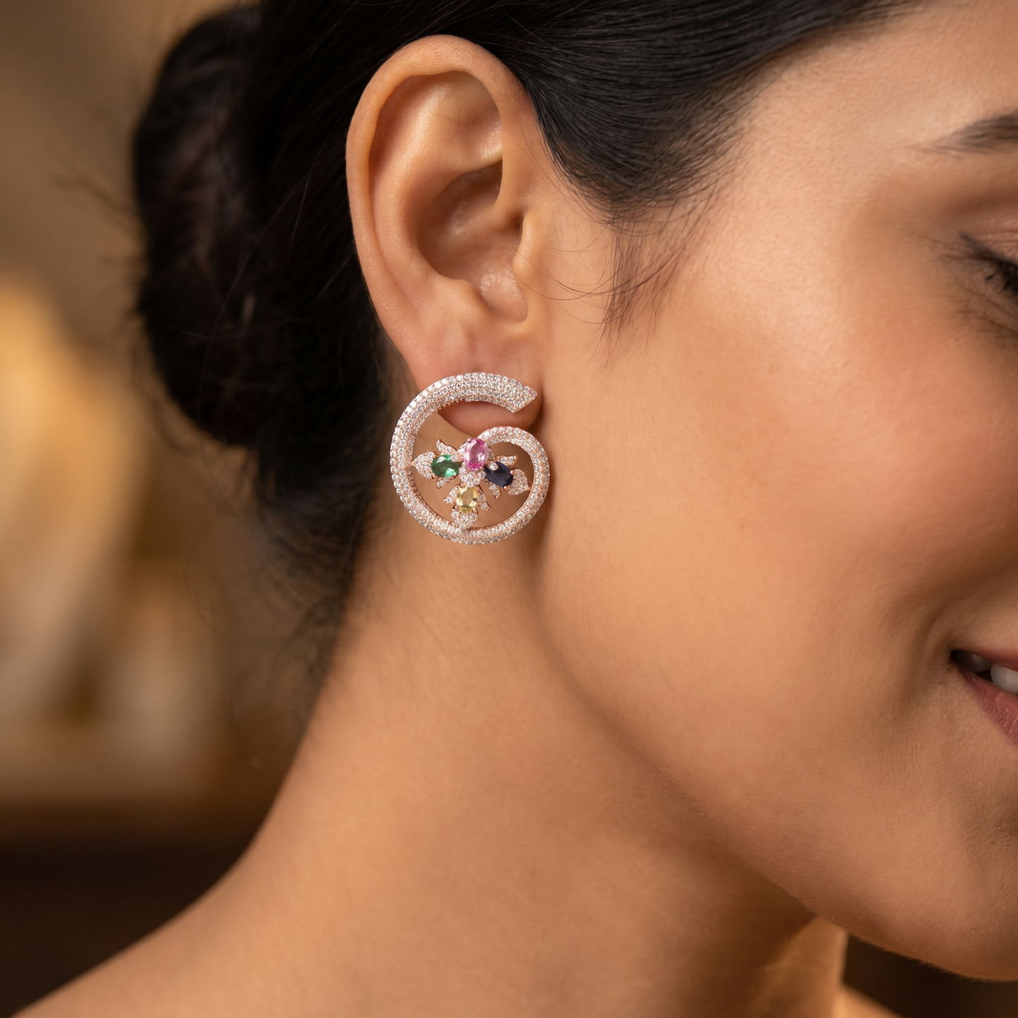 Floral Spiral Rose Gold Stud Earrings with Open Circle Design