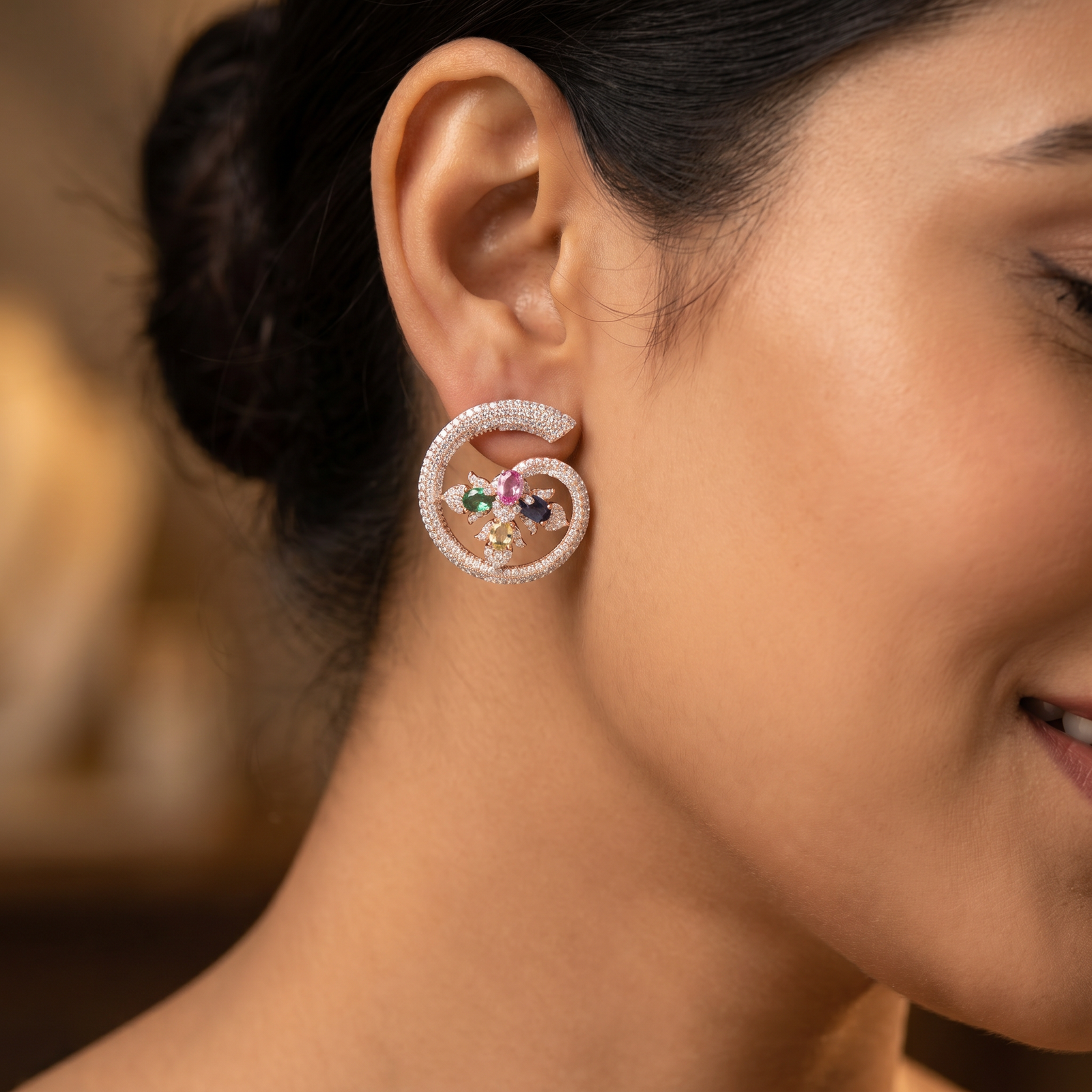 Floral Spiral Rose Gold Stud Earrings with Open Circle Design