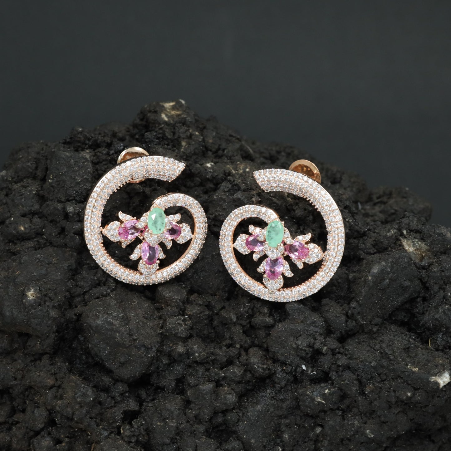 Floral Spiral Rose Gold Stud Earrings with Open Circle Design