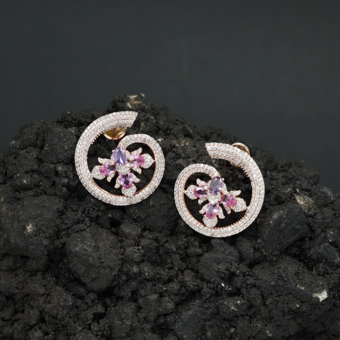 Floral Spiral Rose Gold Stud Earrings with Open Circle Design