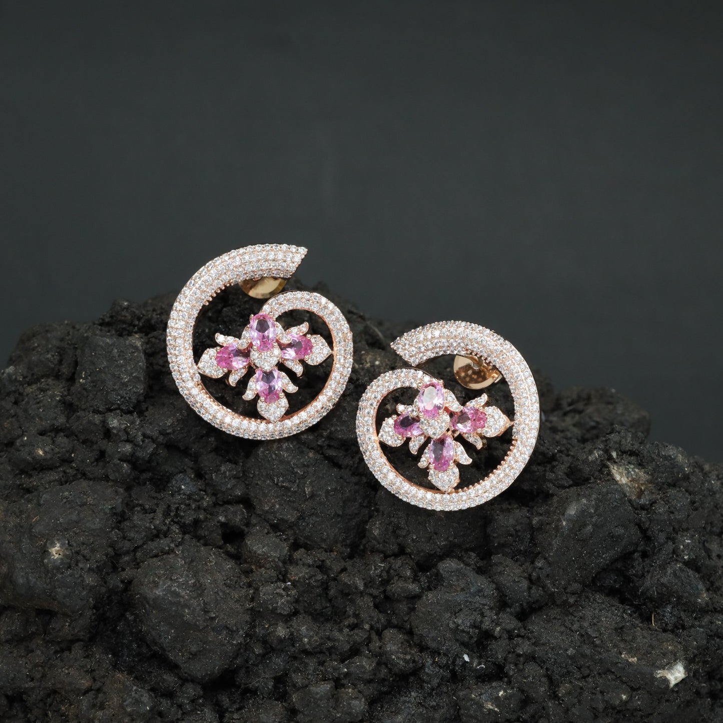 Floral Spiral Rose Gold Stud Earrings with Open Circle Design