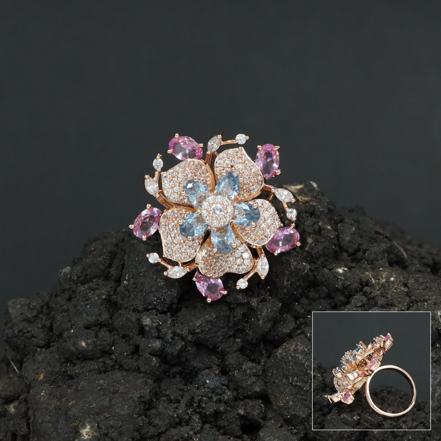 Floral Garden Finger Ring with Ornamental Petal Composition
