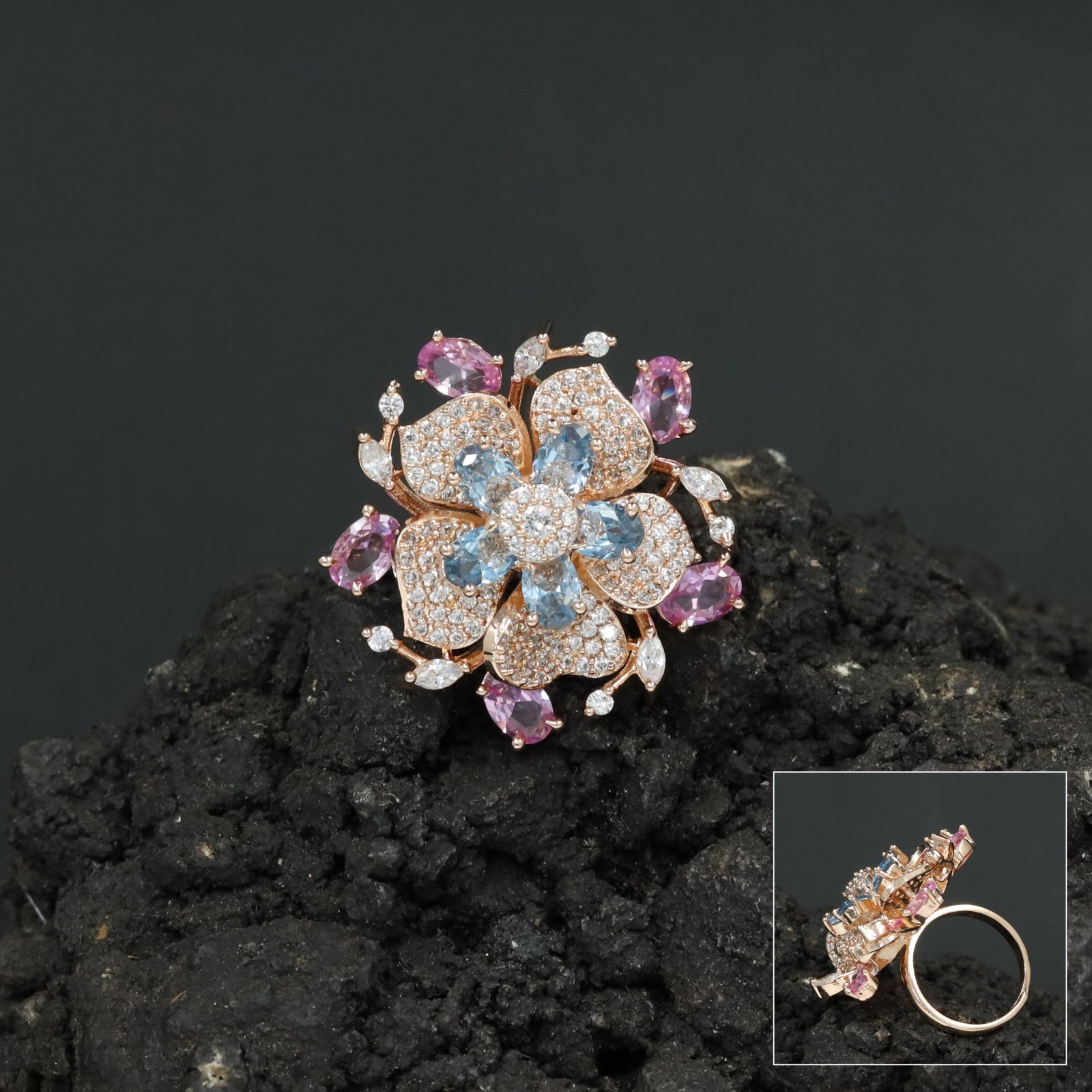 Floral Garden Finger Ring with Ornamental Petal Composition