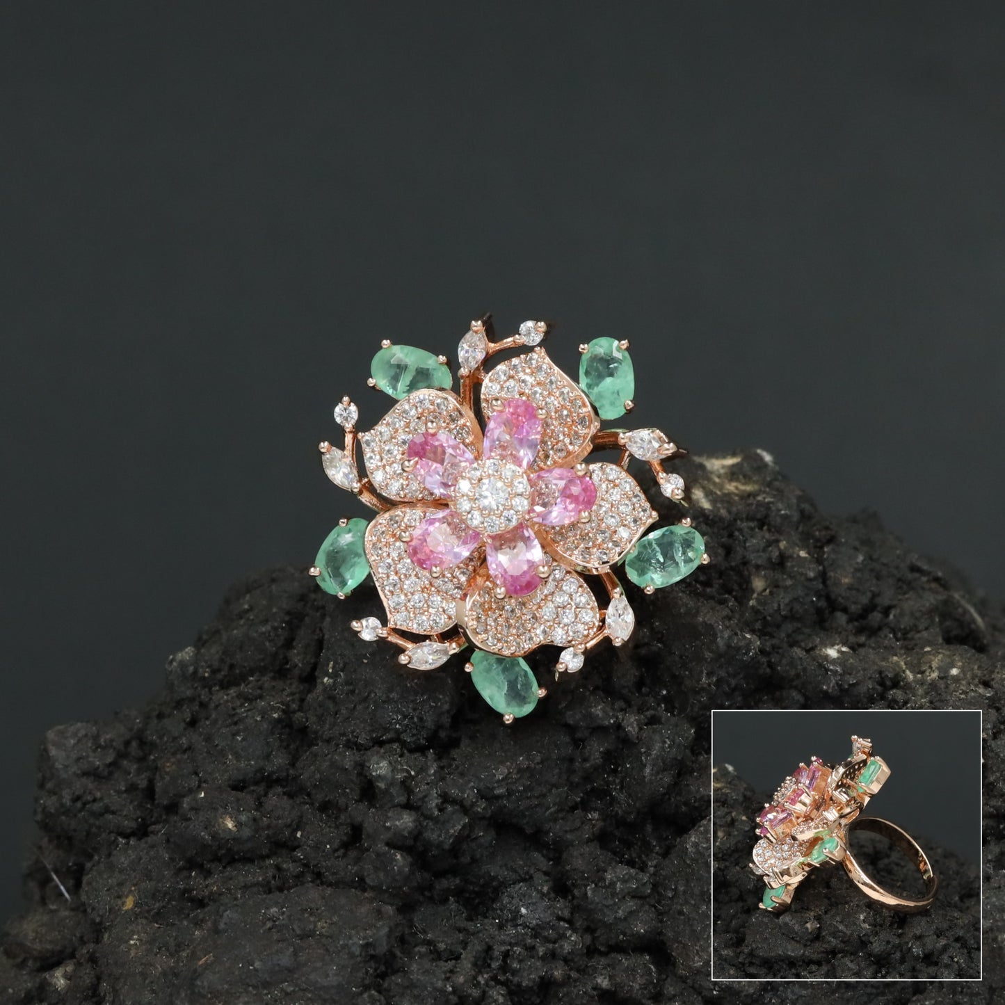 Floral Garden Finger Ring with Ornamental Petal Composition
