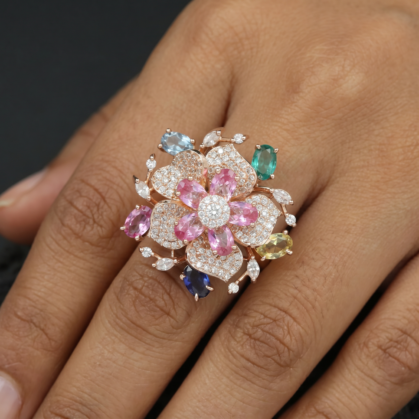 Floral Garden Finger Ring with Ornamental Petal Composition