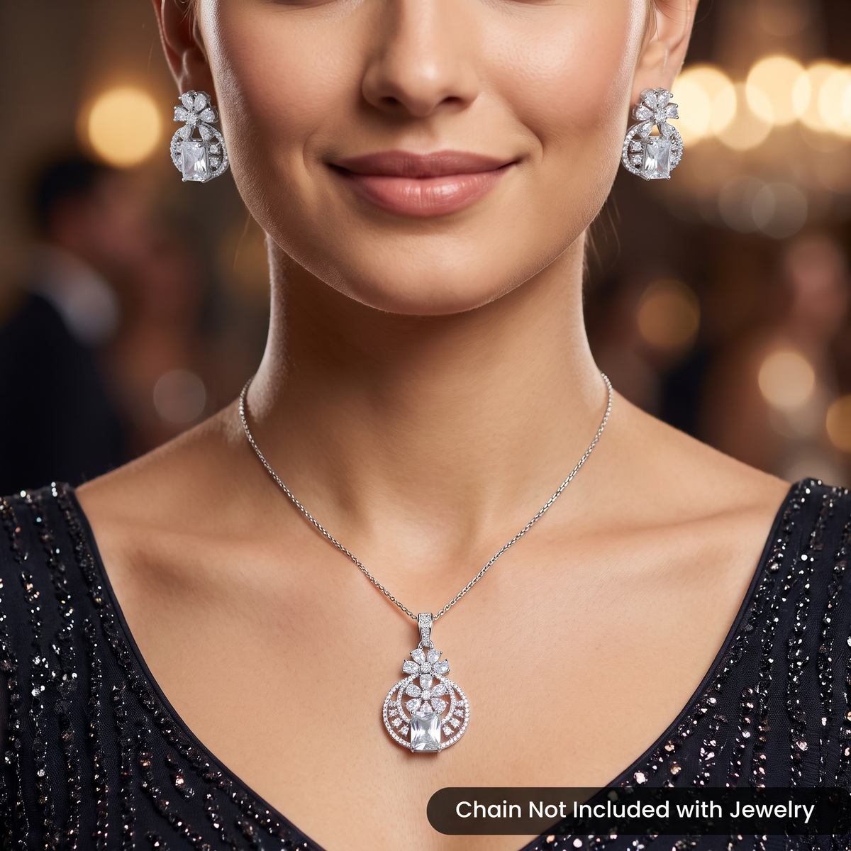 Contemporary floral pendant set showcasing geometric styling and petal cluster accents