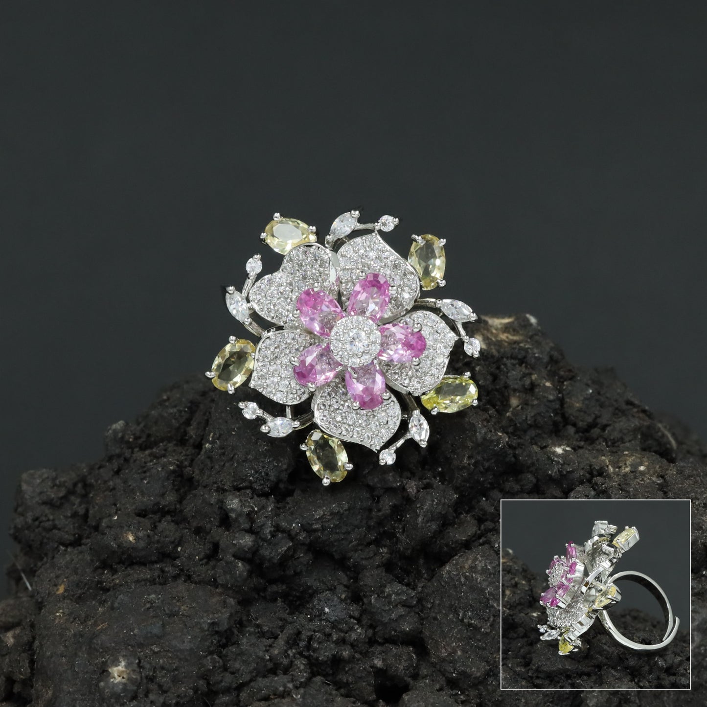 Floral Garden Finger Ring with Ornamental Petal Composition