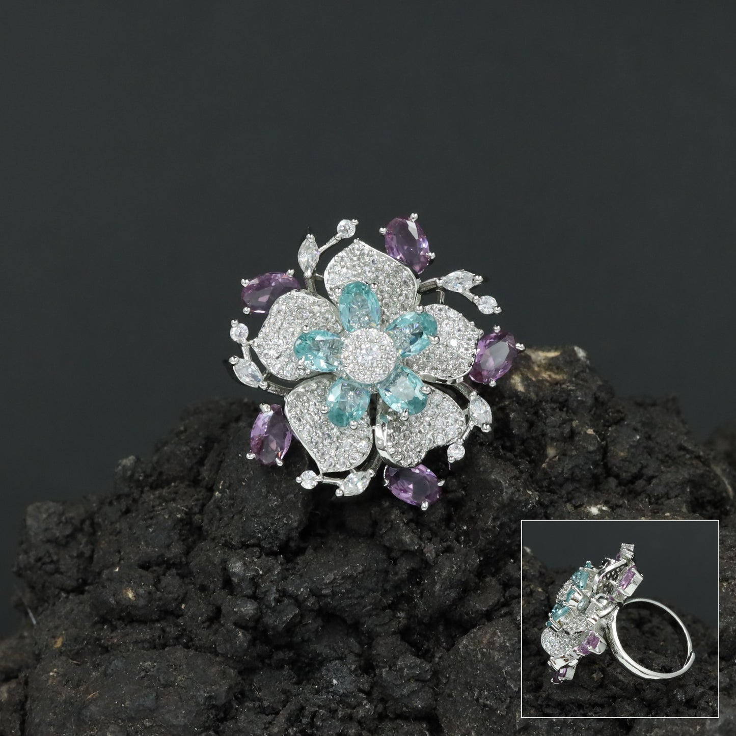 Floral Garden Finger Ring with Ornamental Petal Composition