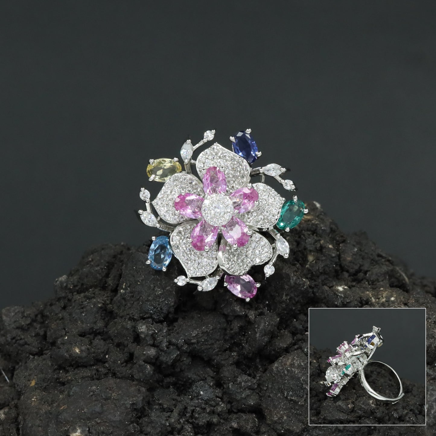 Floral Garden Finger Ring with Ornamental Petal Composition