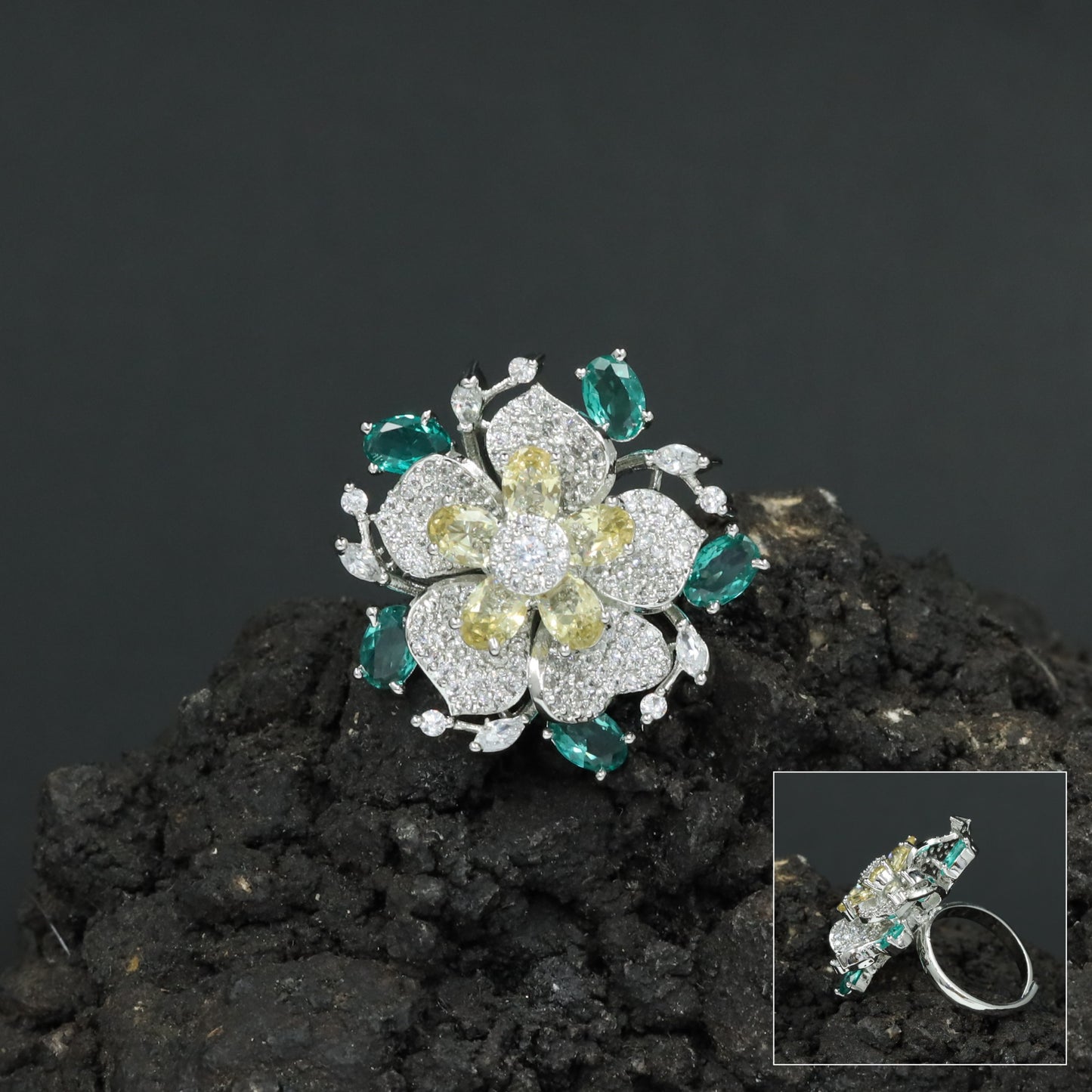 Floral Garden Finger Ring with Ornamental Petal Composition
