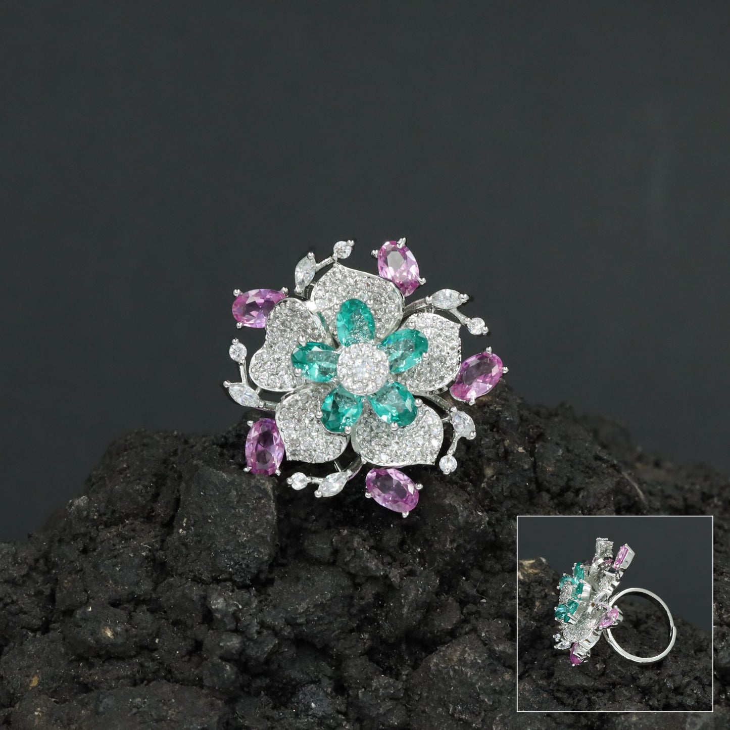 Floral Garden Finger Ring with Ornamental Petal Composition