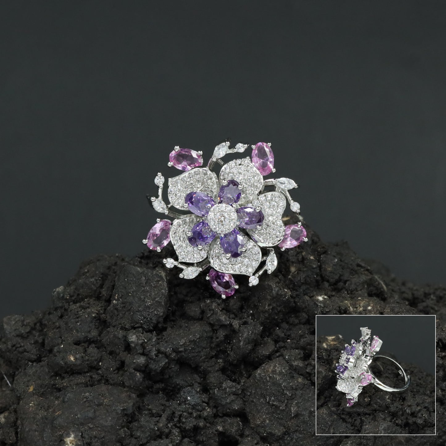 Floral Garden Finger Ring with Ornamental Petal Composition