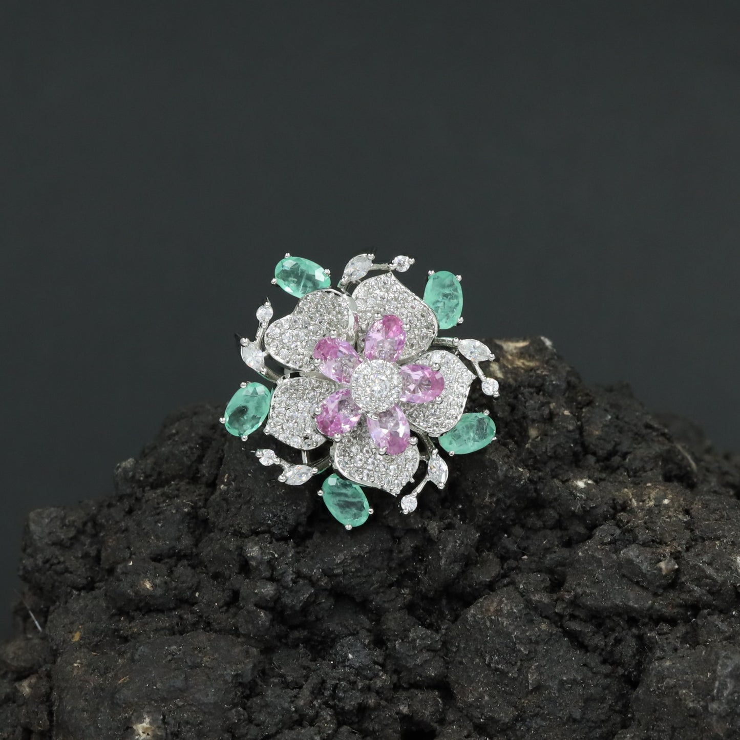 Floral Garden Finger Ring with Ornamental Petal Composition