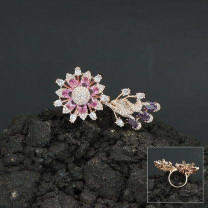 Floral Bouquet Finger Ring with Bloom and Leaf Design