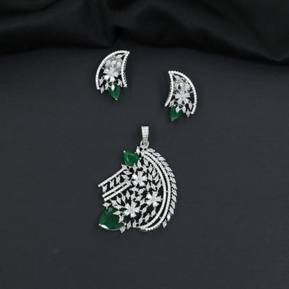 Floral bouquet pendant set with cascading leaf formations and matching earrings