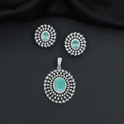 Circular floral pendant set showcasing concentric petal formations and matching studs