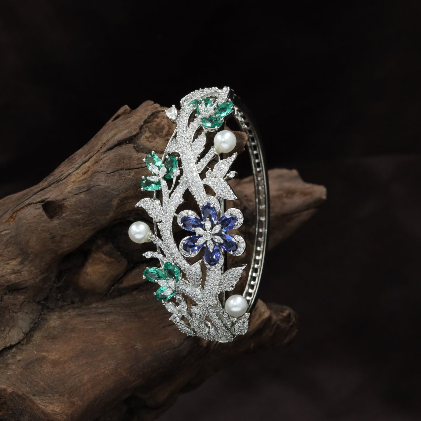 Botanical Vine Rhodium Kada with Decorative Pearl Details