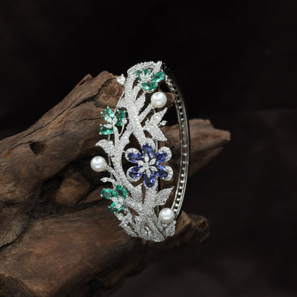 Botanical Vine Rhodium Kada with Decorative Pearl Details