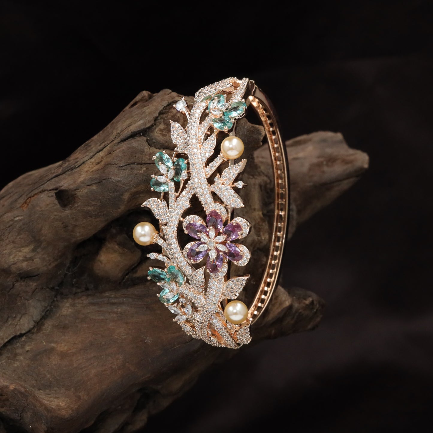 Botanical Vine Rhodium Kada with Decorative Pearl Details