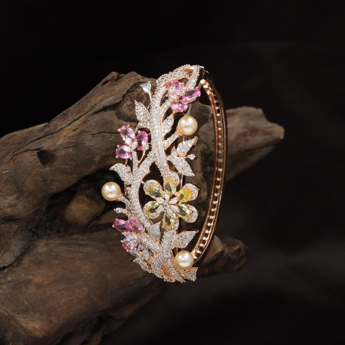 Botanical Vine Rhodium Kada with Decorative Pearl Details