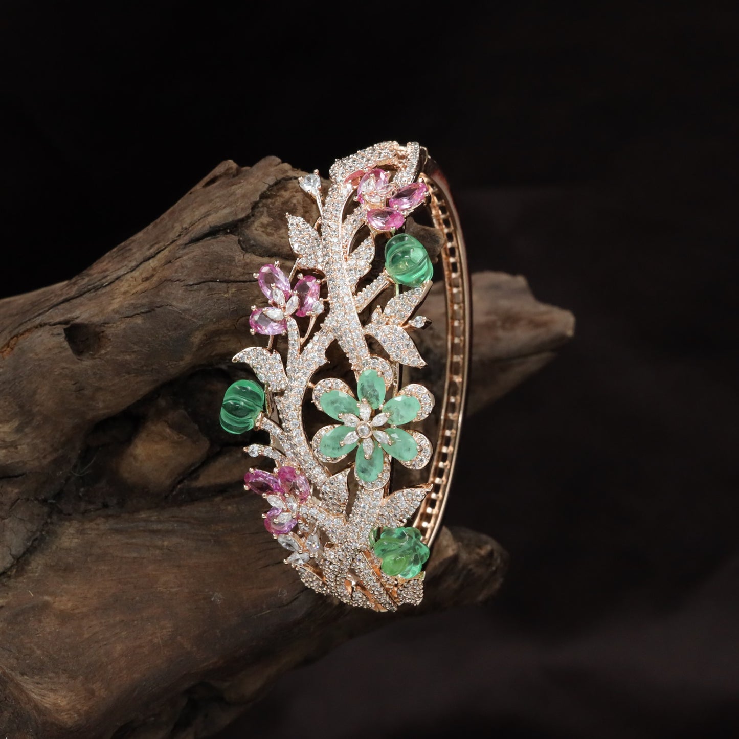 Botanical Vine Rhodium Kada with Decorative Pearl Details