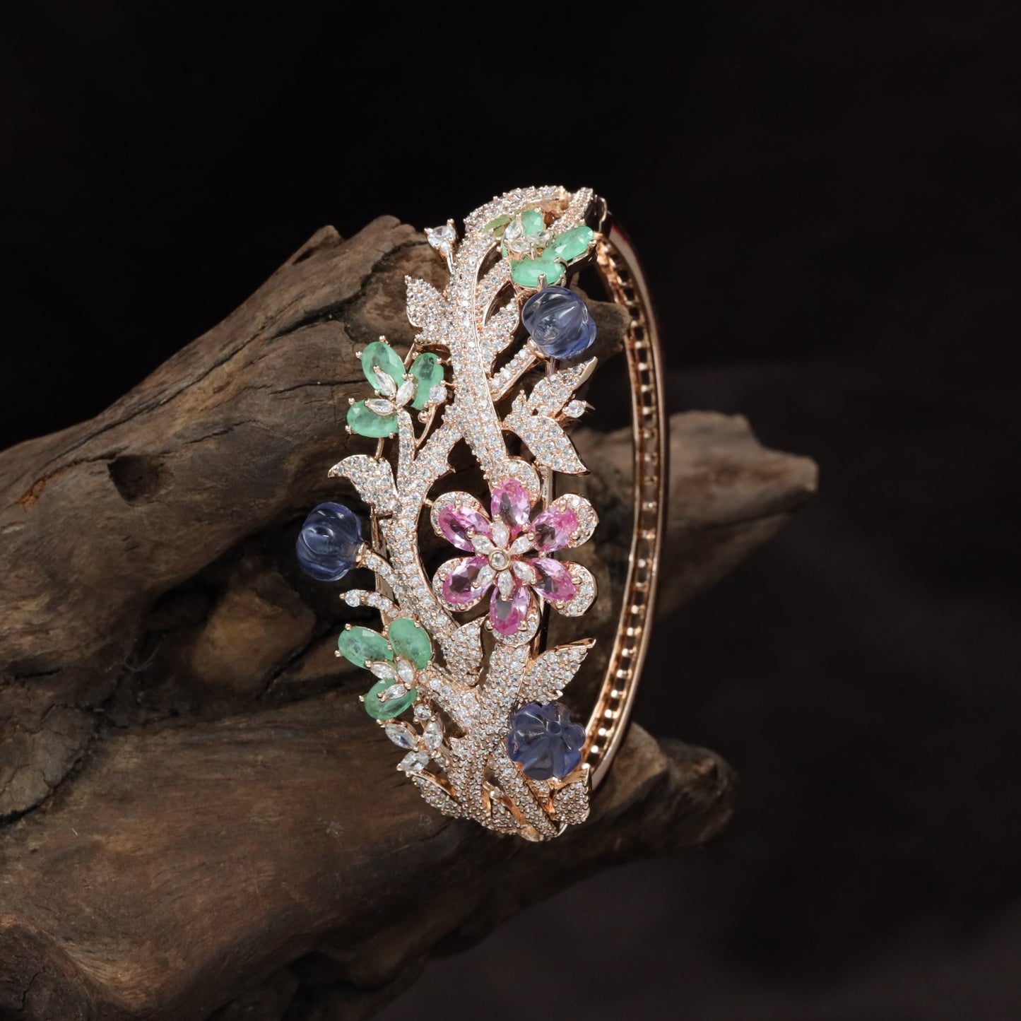 Botanical Vine Rhodium Kada with Decorative Pearl Details