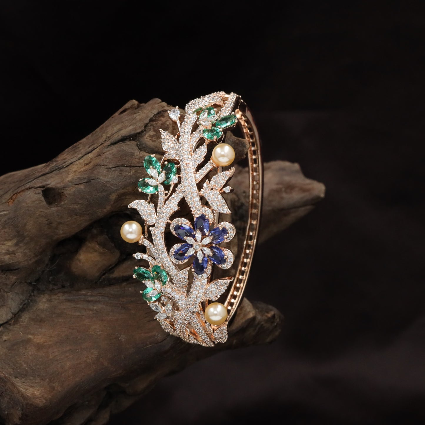 Botanical Vine Rhodium Kada with Decorative Pearl Details