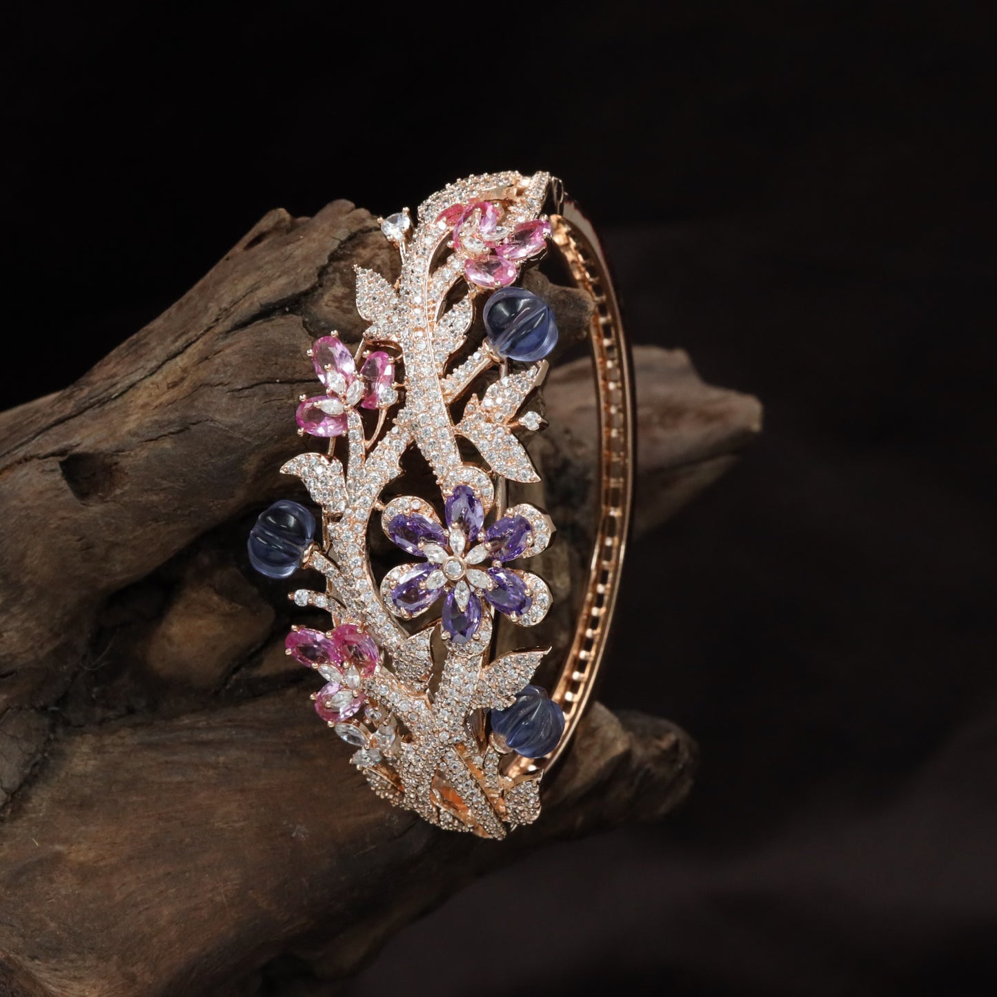 Botanical Vine Rhodium Kada with Decorative Pearl Details