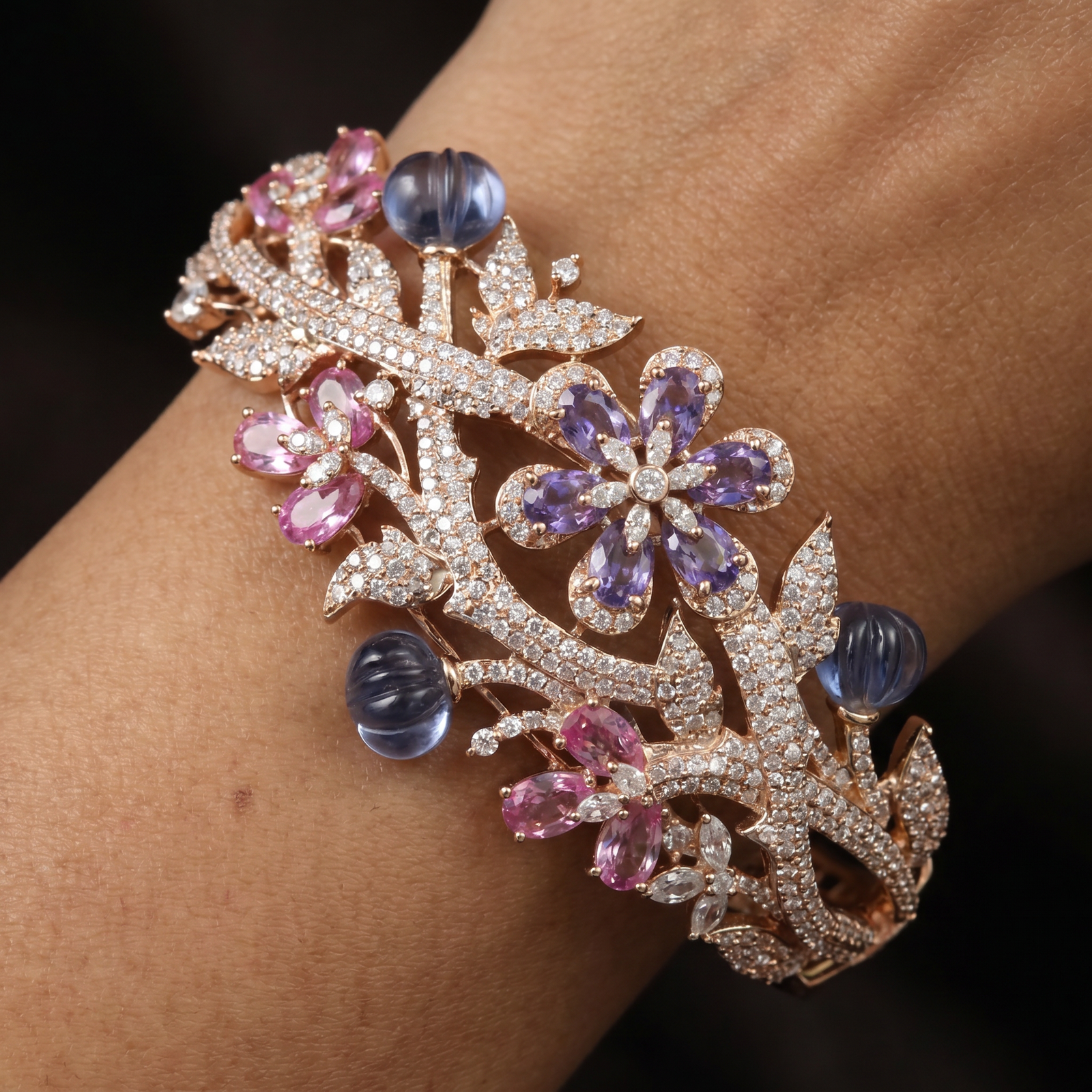 Botanical Vine Rhodium Kada with Decorative Pearl Details