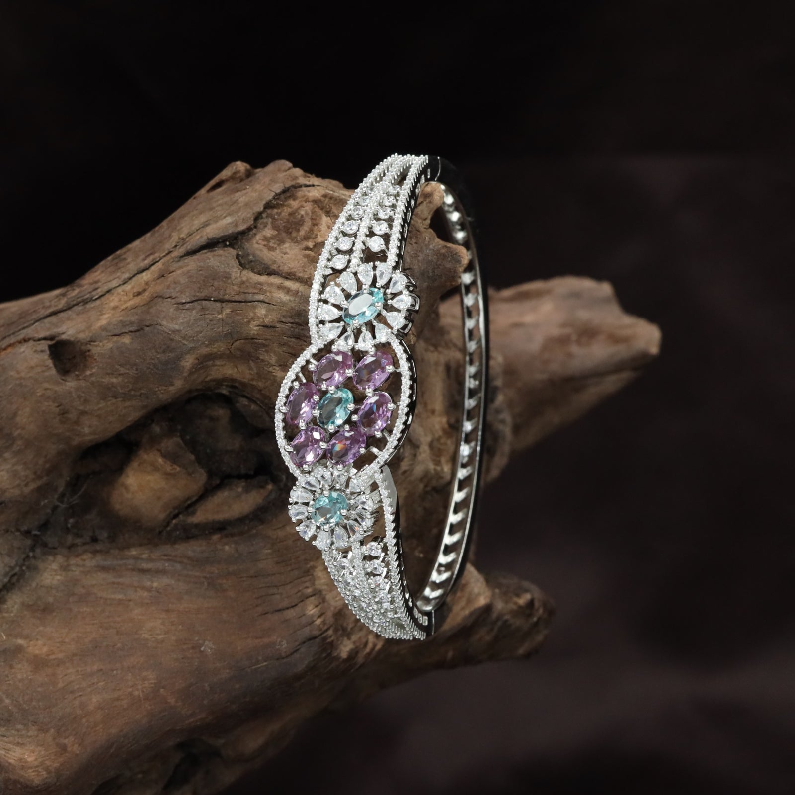 Floral Medallion Rhodium Kada with Oval Cluster Design