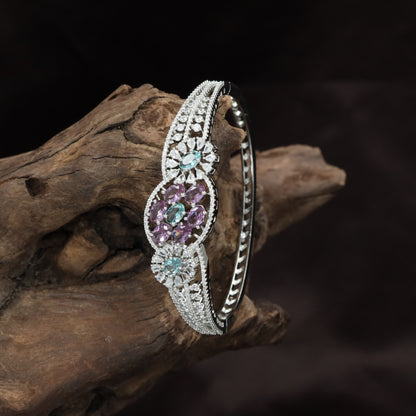 Floral Medallion Rhodium Kada with Oval Cluster Design